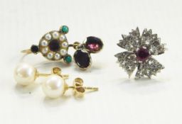 Pair of cultured pearl stud earrings and a single earring set with an early 19th century seedpearl