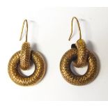 Pair of Victorian gilt metal drop earrings with scroll engraved pendant hoops