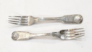 Pair of Chinese export silver fiddle, thread and shell pattern table forks, Canton circa 1830,