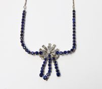 18ct white gold, diamond and sapphire necklace of firework form, numerous sapphires to the necklace,