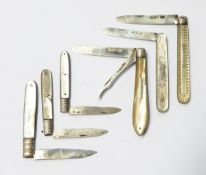 Victorian silver folding fruit knife, the mother-of-pearl handle with geometric decoration,