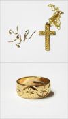 9ct gold cross with engraved ivy leaf decoration,