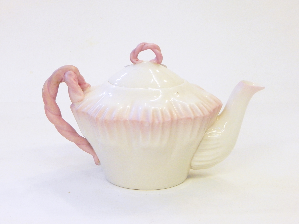 Belleek teapot with pink ropetwist handle and knop, black printed mark to base, - Image 2 of 9