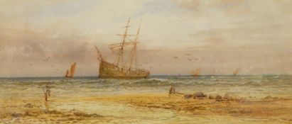 H W Vernon (1910) Pair watercolours Beach scene with ships and paddle steamer in background,