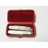 William IV silver folding fruit knife and fork set with reeded mother-of-pearl handles,