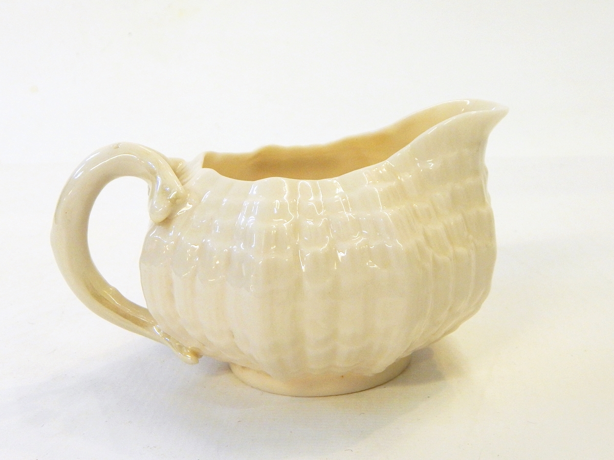 Belleek teapot with pink ropetwist handle and knop, black printed mark to base, - Image 6 of 9