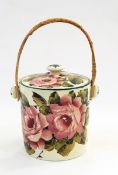 Wemyss pottery biscuit barrel, cylindrical and lidded, allover cabbage rose painted,