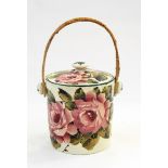 Wemyss pottery biscuit barrel, cylindrical and lidded, allover cabbage rose painted,