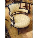 Ebonised occasional chair with shaped back and spindle back decoration, gold-coloured fabric seat,