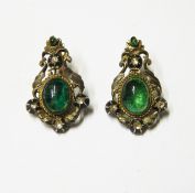 Pair of Austro-Hungarian style earrings, each set with a central cabochon emerald,