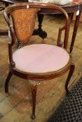 Edwardian marquetry inlaid mahogany open armchair with curved top rail and ivory and satinwood