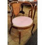 Edwardian marquetry inlaid mahogany open armchair with curved top rail and ivory and satinwood