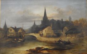 K Kaufmann (1843-1902) Oil on canvas Dutch river landscape with bridge and churches,