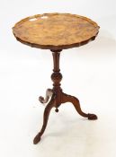 Burr walnut piecrust topped wine table on single reeded and bulbous support with carved cabriole