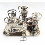 Silver plated tray of rectangular form, silver plated muffin dish and cover,