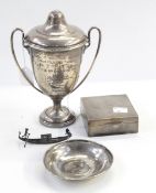 Silver cigarette box of square engine-turned form, silver two-handled trophy,