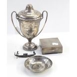 Silver cigarette box of square engine-turned form, silver two-handled trophy,