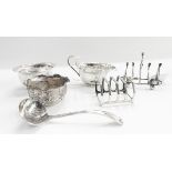 Four-division Art Deco style toast rack, rat-tail ladle (crested), bowl,