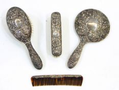 20th century four-piece silver dressing table set comprising hand mirror, hair brush,