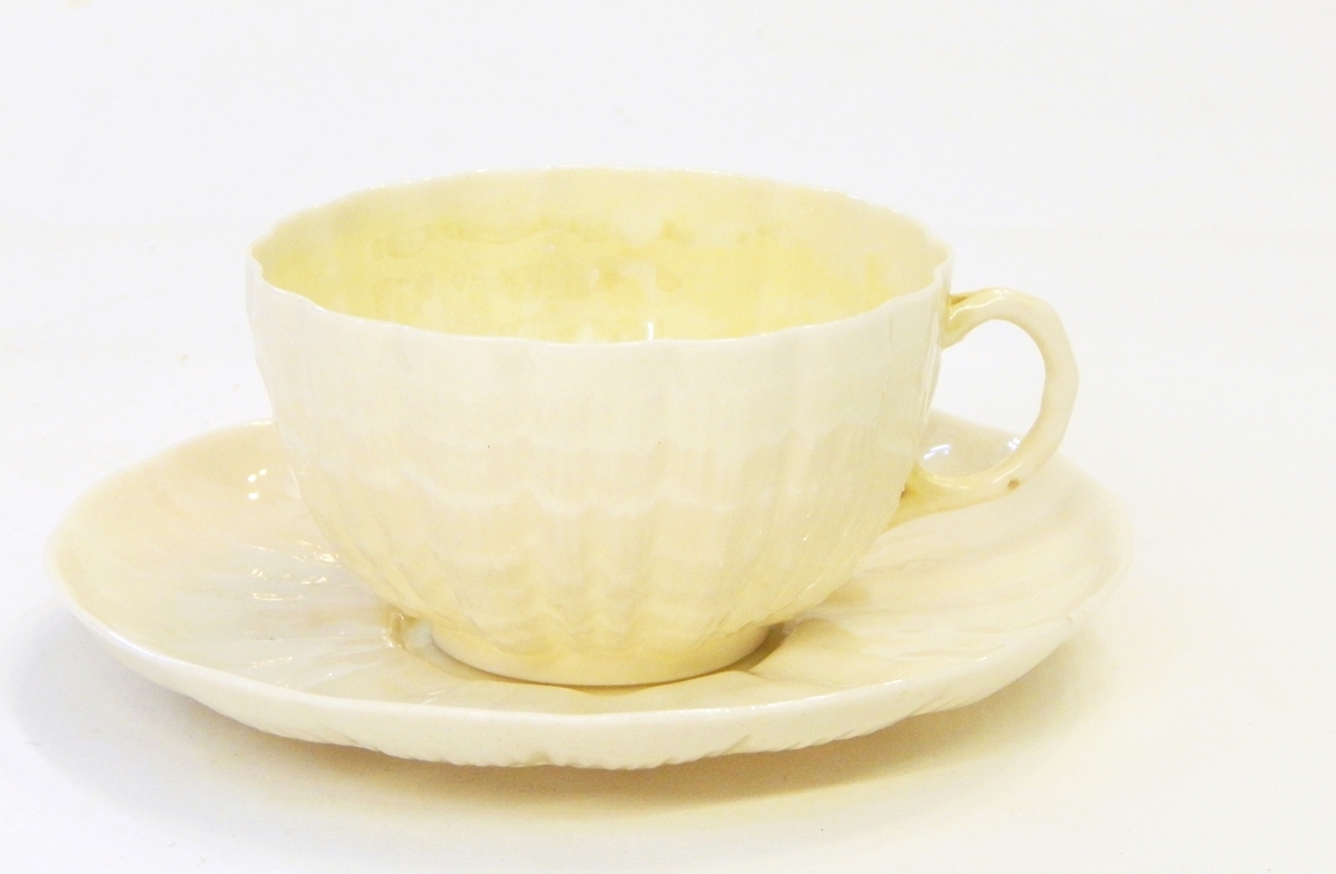 Belleek teapot with pink ropetwist handle and knop, black printed mark to base, - Image 8 of 9