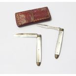 Georgian folding silver fruit knife and fork set with mother-of-pearl handles,