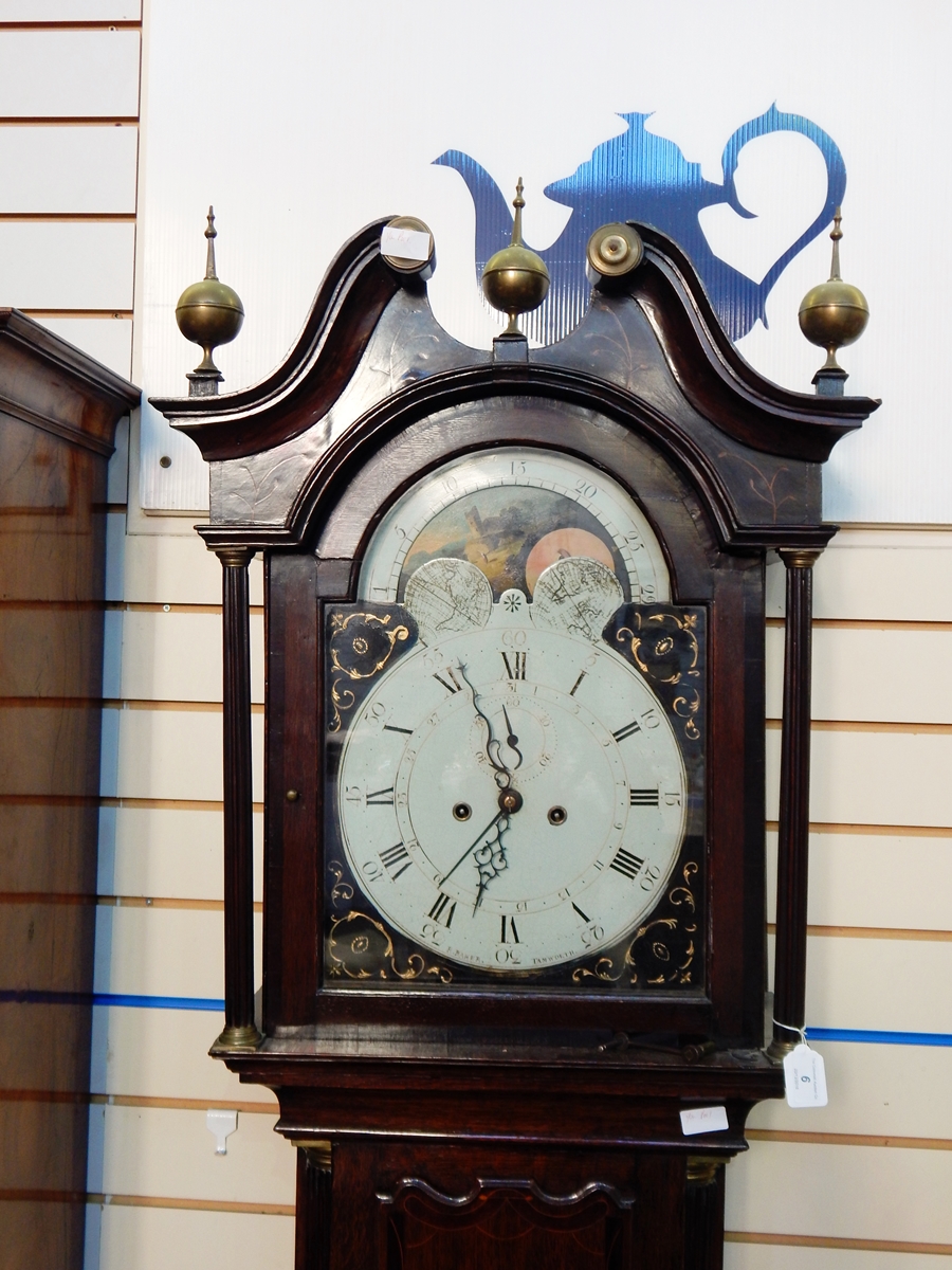 George III inlaid oak longcase clock with swan neck pediment by "R Baker, Tamworth",