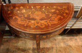 Early 19th century mahogany and floral marquetry inlaid demi-lune side table fitted two frieze