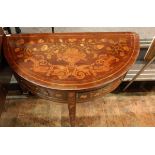 Early 19th century mahogany and floral marquetry inlaid demi-lune side table fitted two frieze