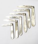 Victorian silver folding fruit knife the mother-of-pearl handle with foliate decoration,