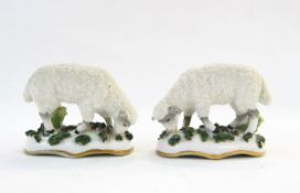 Pair of Staffordshire china chip-coated model sheep and Solomanware bonbon dish with cream ground