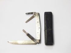 19th century silver penknife with three additional steel blades and engraved mother-of-pearl handle,