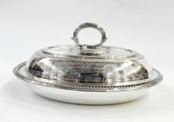 Victorian silver plated entree dish and cover of oval form with engraved decoration including a