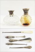 Cut glass scent bottle with silver cover decorated with tortoiseshell pique work,