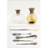 Cut glass scent bottle with silver cover decorated with tortoiseshell pique work,