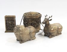 Asian white metal box in the form of a deer, another modelled as a lion dog,