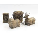 Asian white metal box in the form of a deer, another modelled as a lion dog,