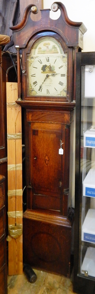 Late 19th century oak and mahogany inlaid longcase clock with swan neck pediment, painted dial, - Image 2 of 2