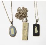 Silver ingot pendant necklace and two Wedgwood jasper pendants,