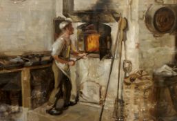 Dorothy Durrant Oil painting "The Peasant Baker", baker putting bread into the oven,