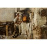 Dorothy Durrant Oil painting "The Peasant Baker", baker putting bread into the oven,