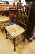 19th century Lancashire spindle back chair with rush seat and Eastern stained wood brass-topped