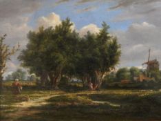 Unattributed Oil on panel Rural scene, windmill in background with trees and farm workers,