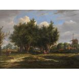 Unattributed Oil on panel Rural scene, windmill in background with trees and farm workers,