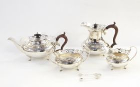 Silver five-piece teaset comprising teapot, hot water jug, two-handled sugar bowl,