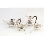 Silver five-piece teaset comprising teapot, hot water jug, two-handled sugar bowl,