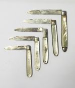 19th century silver folding fruit knife with engraved mother-of-pearl handle,