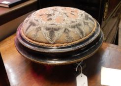 Pair 19th century circular ebonised footstools with tapestry beadwork inset tops,