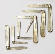 Small silver folding fruit knife the mother-of-pearl handle decorated with flowers,