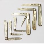 Small silver folding fruit knife the mother-of-pearl handle decorated with flowers,