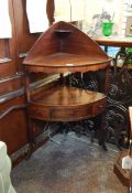 Mahogany corner washstand with removable top to reveal hole for basin, scalloped apron,